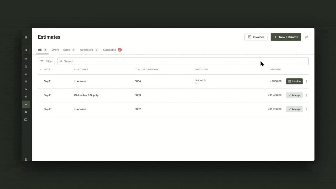 GIF showing how to convert an estimate to an invoice in Ambrook.