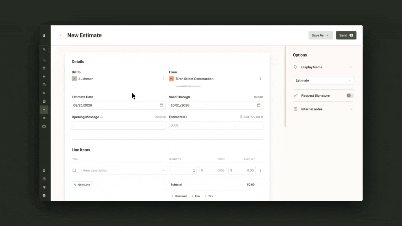 GIF of creating a catalog item in an Ambrook estimate.